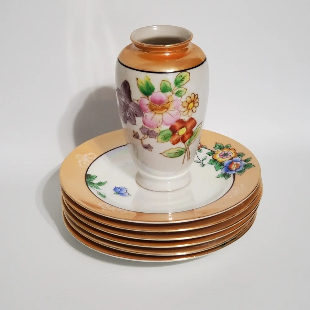 Floral Lusterware Vase Plates Hand Painted Flowers Made in Japan